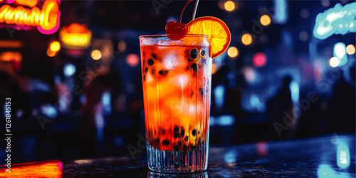 Vibrant Cocktail Vector Art with Orange Slice and Cherry Garnish at Nightclub Bar; Neon Sign, Bokeh Lights, and Ice Cubes Enhance Lively Aesthetic Ambiance