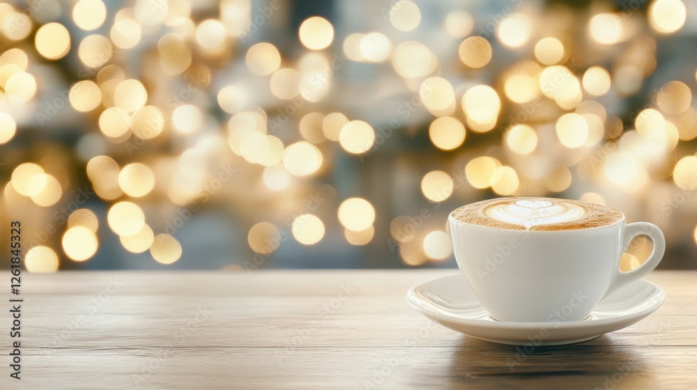Cozy Coffee Moment: A heart-shaped latte art adorns a steaming cup of cappuccino, resting on a rustic wooden table against a backdrop of warm, inviting bokeh lights. Cozy Coffee Moment: A heart-shaped latte art adorns a steaming cup of cappuccino, resting on a rustic wooden table against a backdrop of warm, inviting bokeh lights.