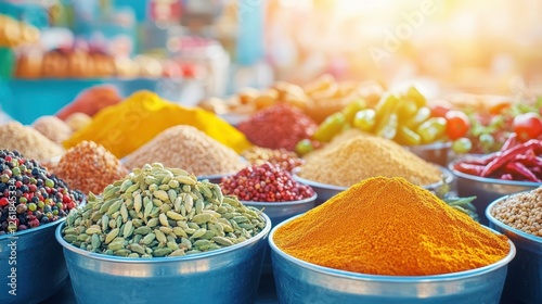 Fototapeta Naklejka Na Ścianę i Meble -  Aromatic Spice Market: An abundance of vibrant spices fills the frame, a feast for the eyes and senses. From earthy turmeric to fiery chilies, each bowl holds a tantalizing aroma.