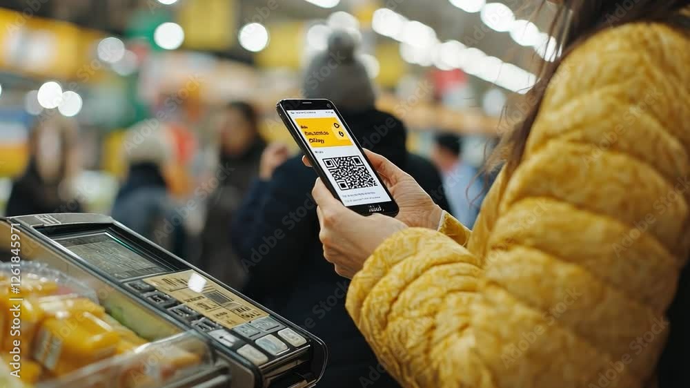 Contactless Payment: A woman uses her smartphone to make a contactless payment at a supermarket checkout, showcasing the convenience and speed of modern mobile transactions.