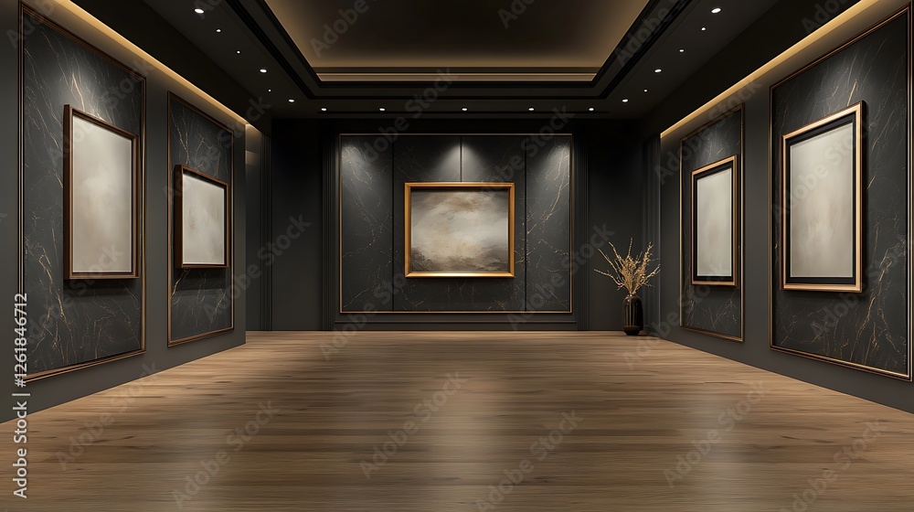 Dark Gallery Interior: 3D Render of an Elegant Art Exhibition Space AI Generated Dark Gallery Interior: 3D Render of an Elegant Art Exhibition Space AI Generated