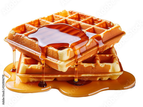 Golden crispy waffles drenched in sweet syrup, isolated on white background