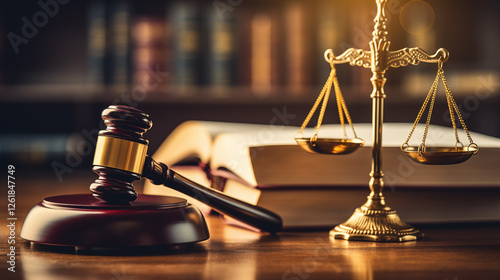 Scales of justice and judge's gavel on the lawyer's desk office