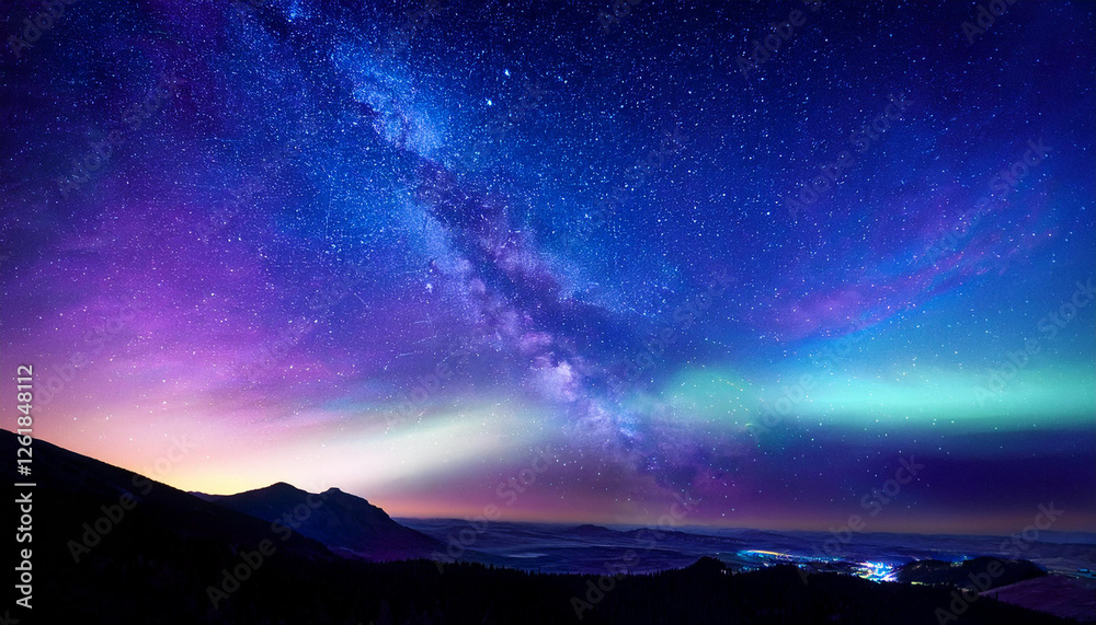 Fototapeta premium Fantasy starry night sky, blue and purple colorful, galaxy and aurora