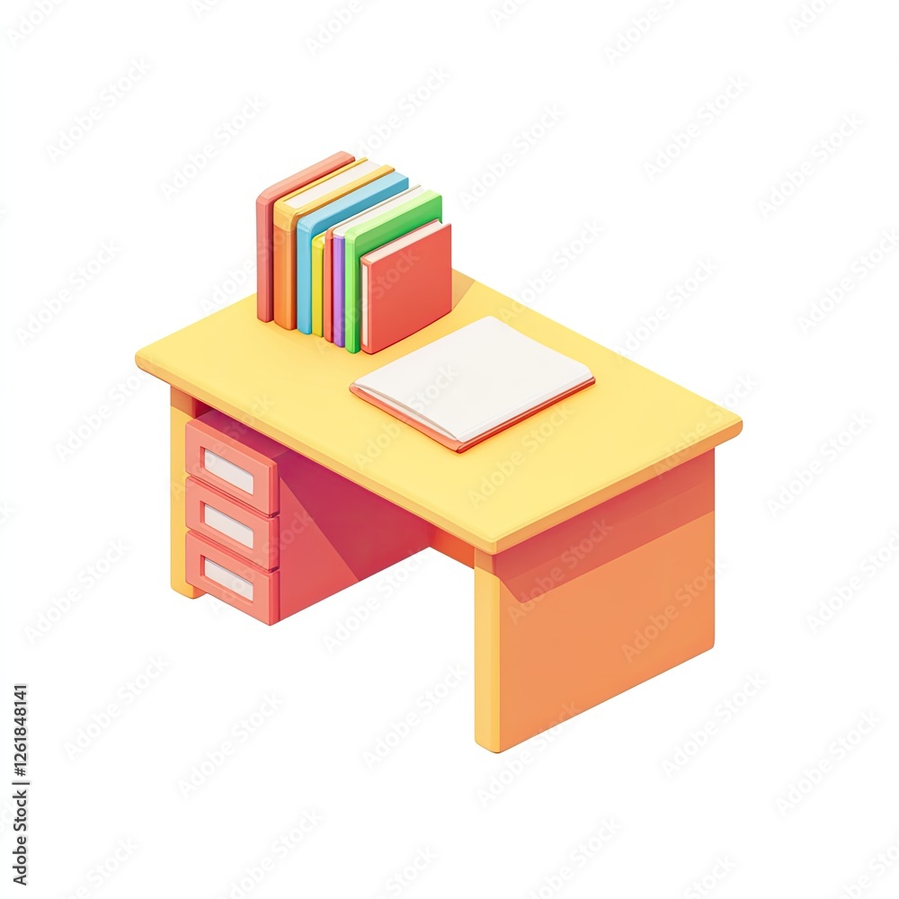 Colorful isometric desk with books and papers Colorful isometric desk with books and papers