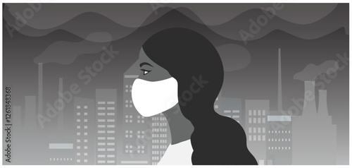 Woman wearing face masks tor protect P.M. 2.5 smoke, dust and air pollution in city, factory pipes and industrial smog vector illustration. Environment and air pollution concept background	