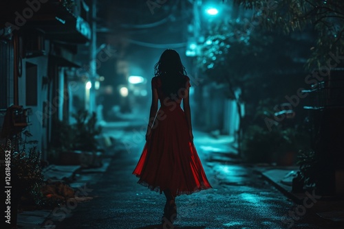 Woman in Red Dress Walks Alone at Night