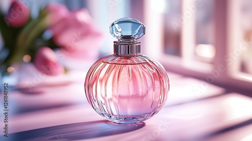 Pink perfume bottle on windowsill, tulips blurred background, beauty product shot, advertising