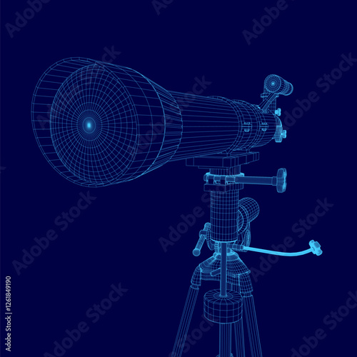 A blue drawing of a telescope. The drawing is in a stylized, cartoonish way