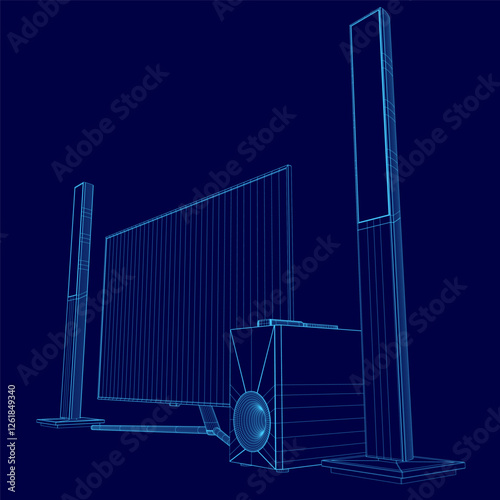 A blue drawing of a building with a large screen on the side. The building is surrounded by two tall speakers