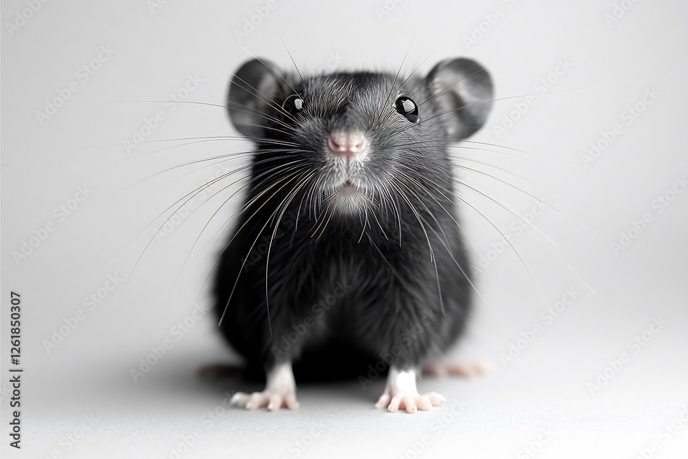 Adorable dark rat with delicate whiskers poses against a pristine backdrop Adorable dark rat with delicate whiskers poses against a pristine backdrop