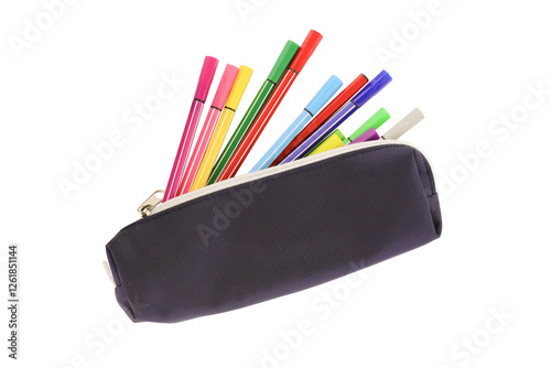 Colorful pens in a pencil case. Back to school supplies