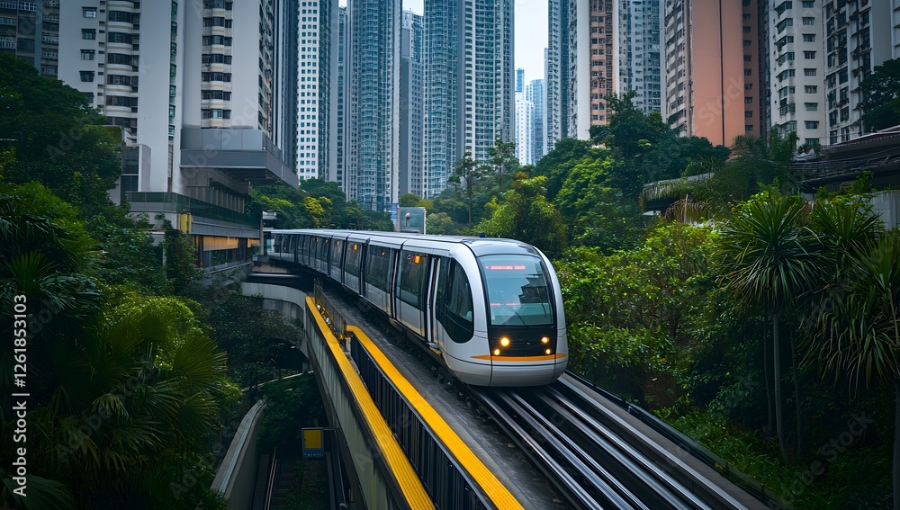 Naklejka premium Urban light rail train, elevated tracks, lush greenery, city buildings