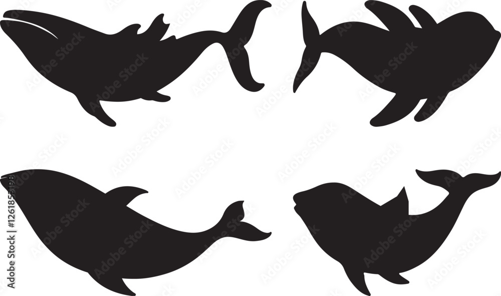 Collection of different black whale silhouette icon Collection of different black whale silhouette icon