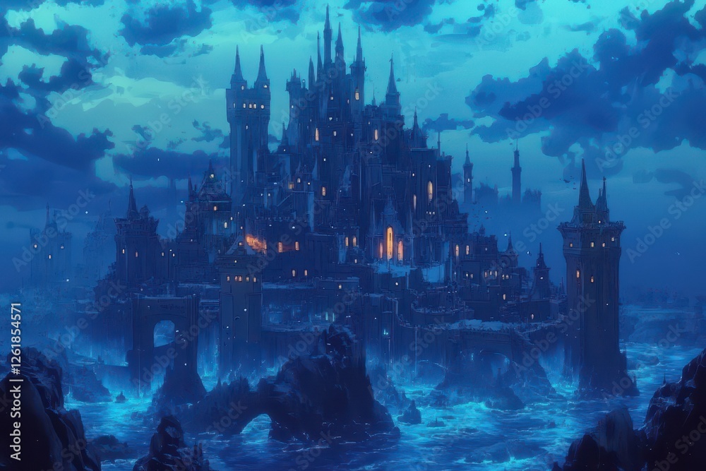 Fototapeta premium Majestic illuminated castle perched upon rocky formations amidst ocean waters