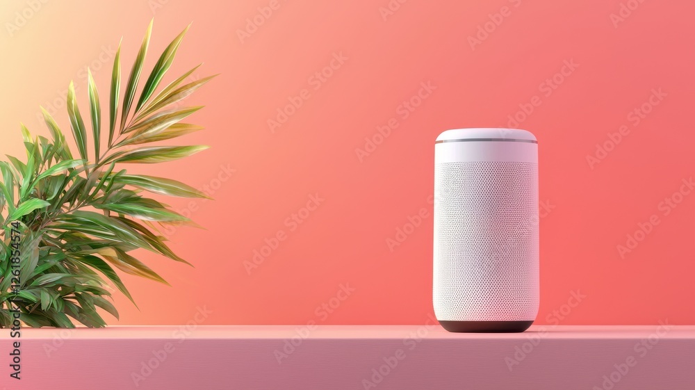 Modern smart speaker displayed with greenery minimalist design interior setting contemporary vibes Modern smart speaker displayed with greenery minimalist design interior setting contemporary vibes