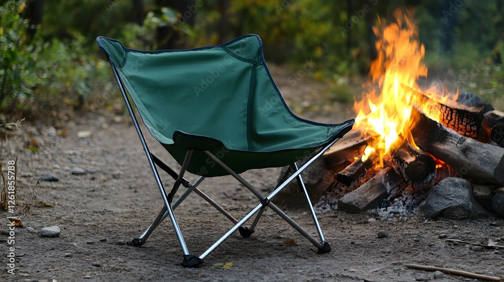 71. A compact, foldable camping chair set up in front of a campfire 71. A compact, foldable camping chair set up in front of a campfire