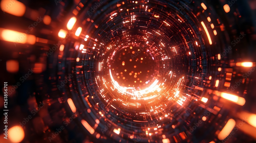 Obraz premium Abstract digital tunnel with glowing particles and vibrant colors, representing technology and motion