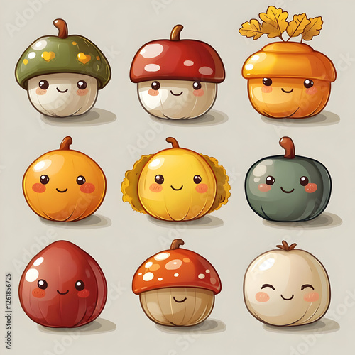 Adorable Autumn Harvest Kawaii Characters Cute Pumpkins Mushrooms Fall Illustration photo