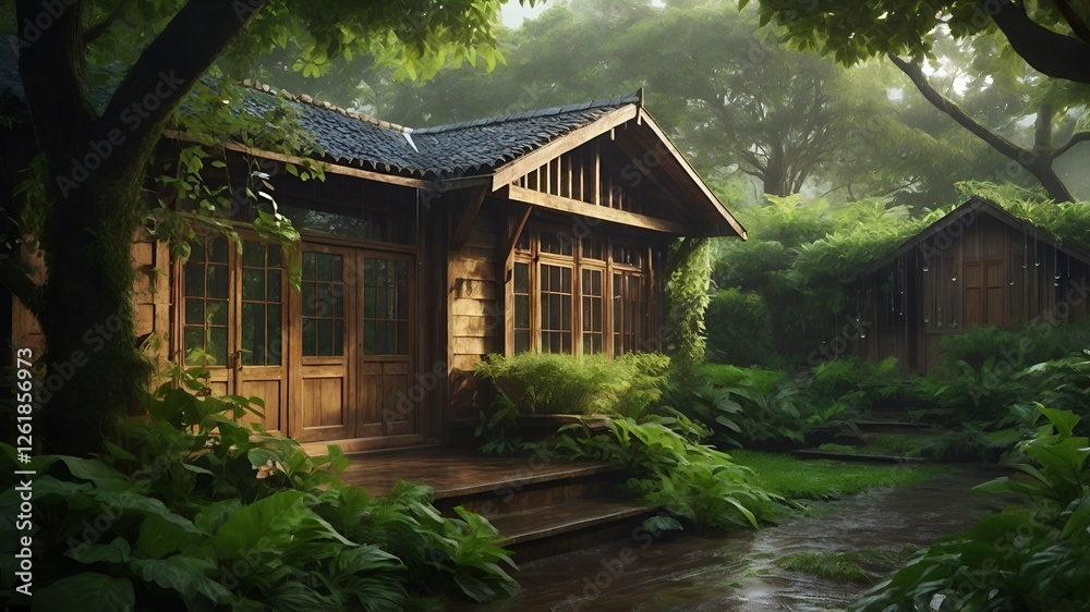 8K ultra high-resolution, rustic wooden house, gentle rainfall, lush green foliage, digital painting, photorealistic environment, misty forest, nostalgic ambiance, peaceful scenery, tranquil landscape 8K ultra high-resolution, rustic wooden house, gentle rainfall, lush green foliage, digital painting, photorealistic environment, misty forest, nostalgic ambiance, peaceful scenery, tranquil landscape