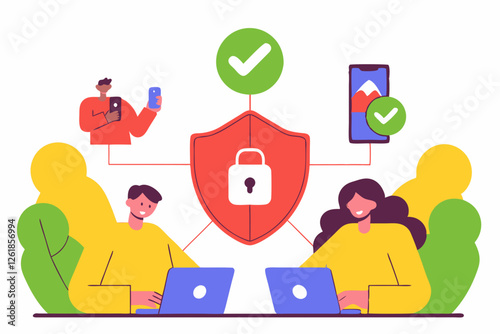 Two individuals using laptops with a central shield symbolizing online security, surrounded by check marks and mobile devices, emphasizing digital safety.