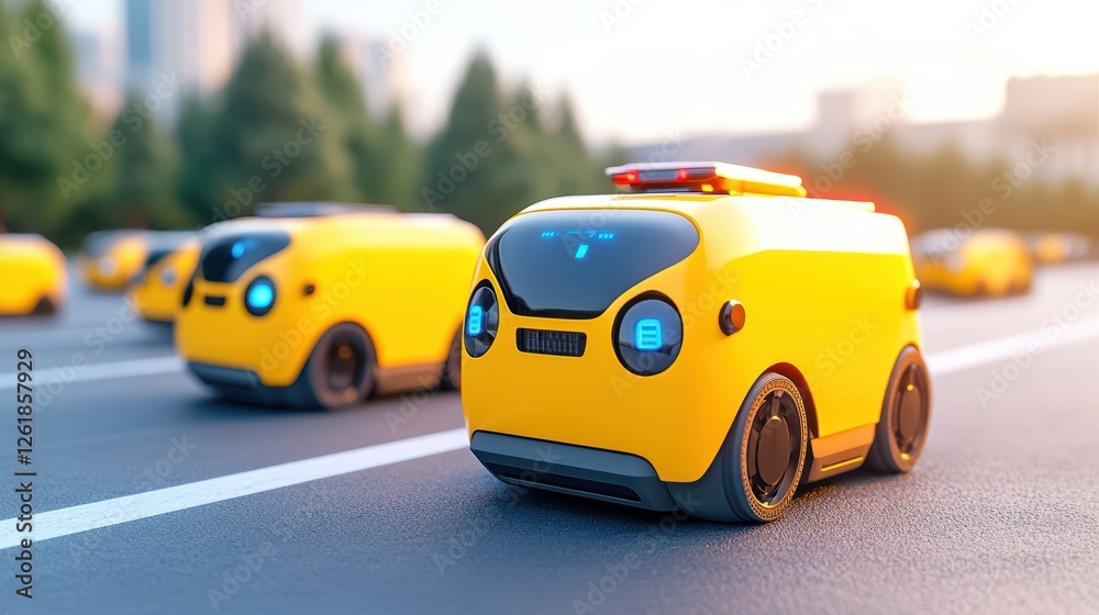 Autonomous yellow delivery robots on city street. Autonomous yellow delivery robots on city street.