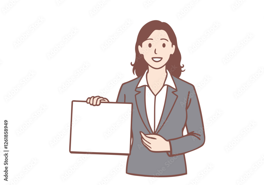 Smiling businesswoman showing folder with white mockup paper. Hand drawn style vector design illustrations. Smiling businesswoman showing folder with white mockup paper. Hand drawn style vector design illustrations.
