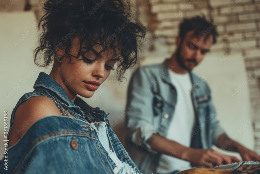 A young woman with curly hair, wearing a denim jacket, looks down thoughtfully while a man in denim sits blurred in the background. A young woman with curly hair, wearing a denim jacket, looks down thoughtfully while a man in denim sits blurred in the background.