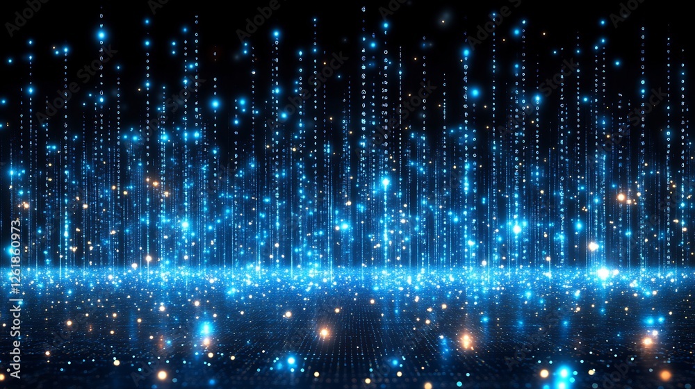 Glowing blue particles elegantly cascade down a dark background creating a vibrant digital rain effect. AI Generated Glowing blue particles elegantly cascade down a dark background creating a vibrant digital rain effect. AI Generated