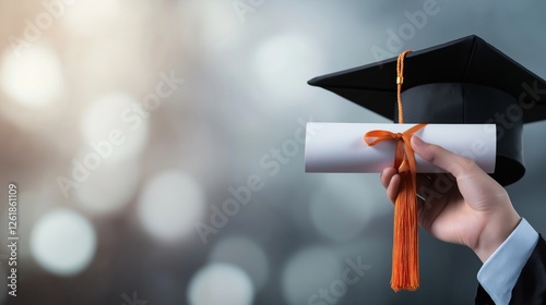 A hand holds a diploma with a graduation cap, symbolizing achievement and academic success against a soft, blurred background. photo