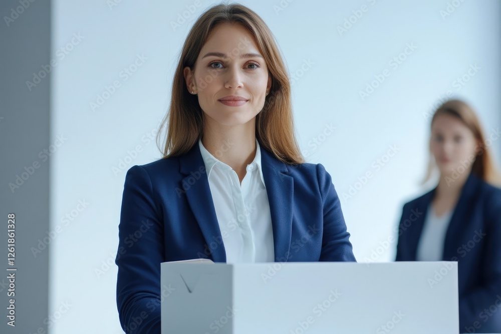 Confident businesswoman in a blue suit stands confidently in a modern office setting. Confident businesswoman in a blue suit stands confidently in a modern office setting.