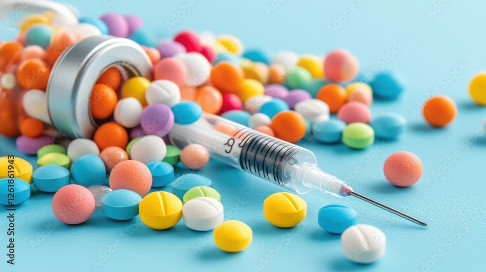 Colorful pills spilling from bottle, syringe. Colorful pills spilling from bottle, syringe.