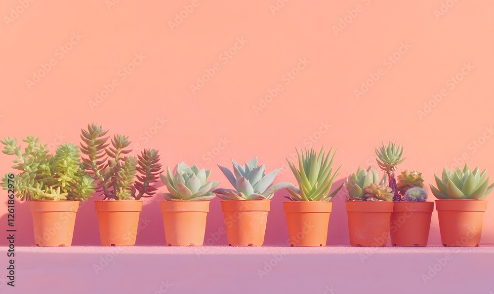 Fototapeta premium Numerous succulents with a solid background under the sun, Generative AI
