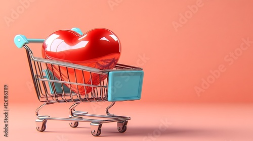 Red heart sits lovingly in miniature shopping cart against soft coral background. AI Generated