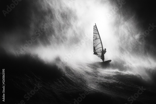 A windsurfer bravely navigates a powerful, misty wave, showcasing skill and determination.