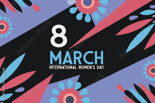 International Women's Day. Vector illustration of diverse cartoon women standing together and holding a placard over their heads. Isolated on background.
