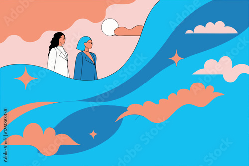 International Women's Day. Vector illustration of diverse cartoon women standing together and holding a placard over their heads. Isolated on background.