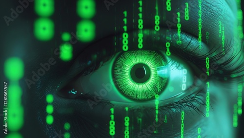 Close-up of a green eye with binary code flowing down.