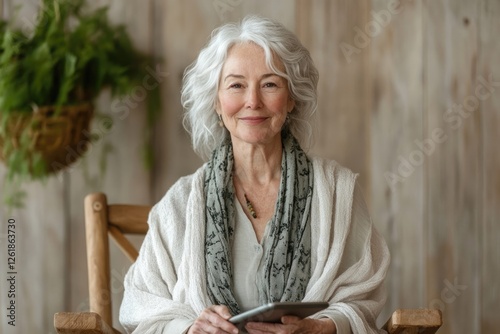 Smiling senior woman with gray hair sits in a wooden chair, holding a tablet. She's wearing a shawl and looks peaceful.