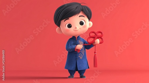 A cartoon boy in a blue silk Tang suit, holding a traditional red Chinese knot decoration. photo