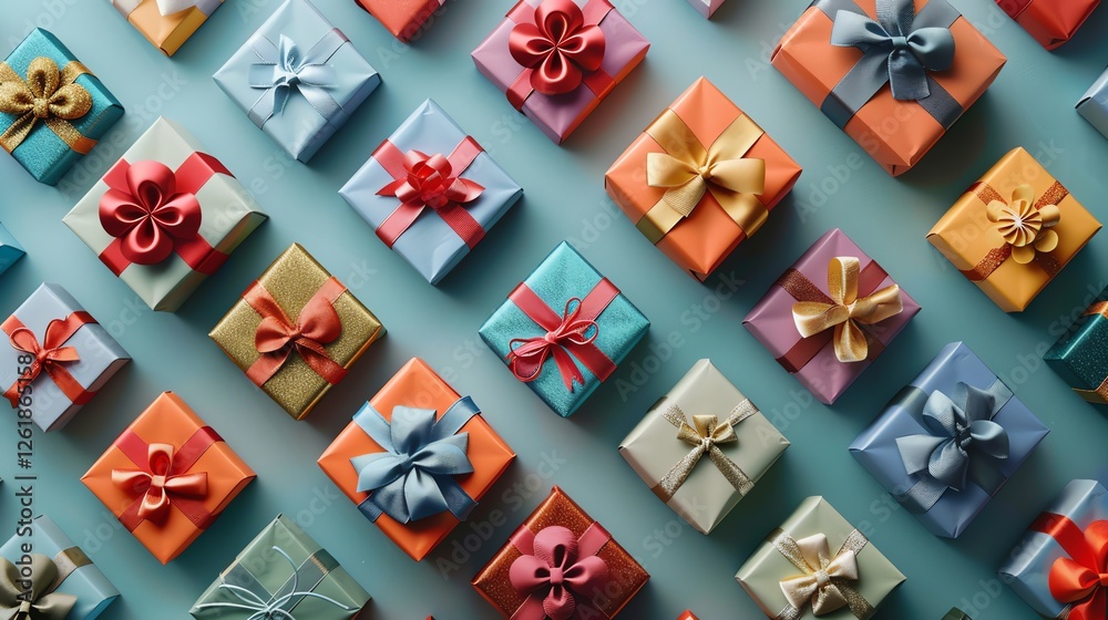 Fototapeta premium A pattern of wrapped presents with colorful ribbon and bows on a blue background.
