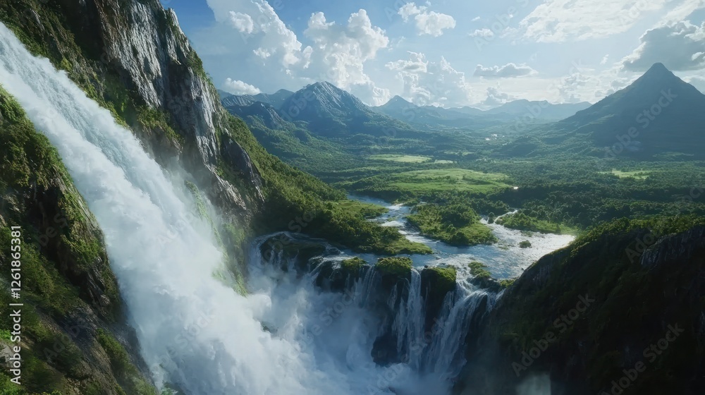Majestic waterfall cascading down cliffs, lush valley, mountains, sunny sky, travel Majestic waterfall cascading down cliffs, lush valley, mountains, sunny sky, travel
