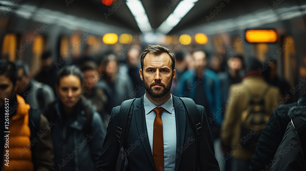 Fototapeta premium Businessman Commutes Through Crowded Subway Station