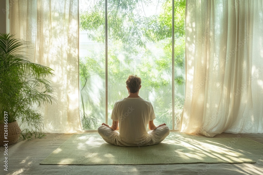 Man meditates peacefully by a window, sunlight streaming through sheer curtains, serene nature view. Man meditates peacefully by a window, sunlight streaming through sheer curtains, serene nature view.