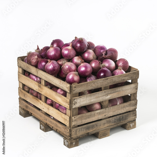 Crate of Red Onions in a Rustic Wooden Box photo