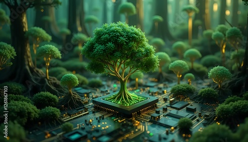 Enchanted Forest Circuit Board: Futuristic Technology Meets Nature in a Magical Landscape