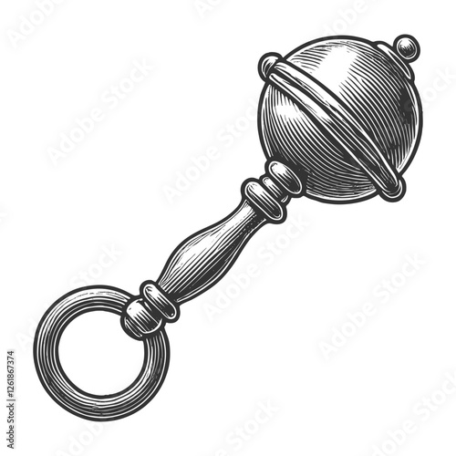 Baby Rattle engraving sketch vector illustration