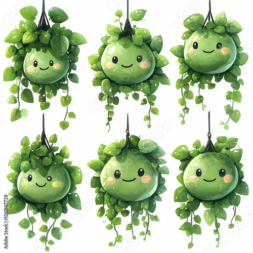 Adorable Hanging Plant Pots Cute Cartoon Illustration Green photo