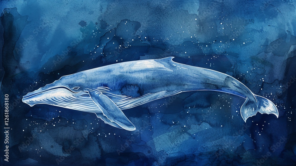 A watercolor painting of a whale in a dark blue sea with white dots, resembling stars. A watercolor painting of a whale in a dark blue sea with white dots, resembling stars.