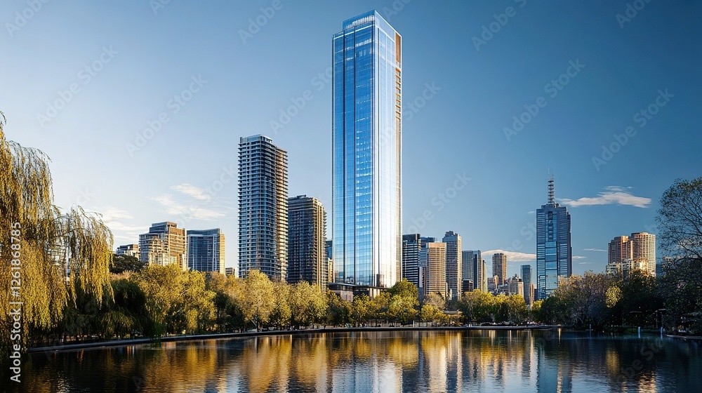 Modern Skyscrapers Reflecting in Calm City Water Modern Skyscrapers Reflecting in Calm City Water